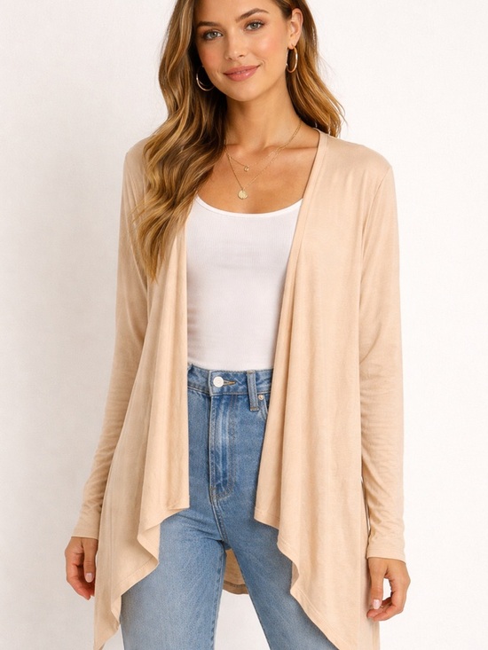 Metropolitan Sweaters - Beige Draped Open-Front Women's Cardigan Sweater